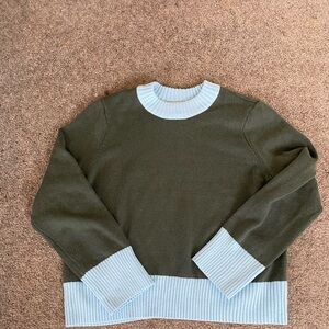 On 34th Womens Olive Green Crewneck Sweater with Light Blue Contrast